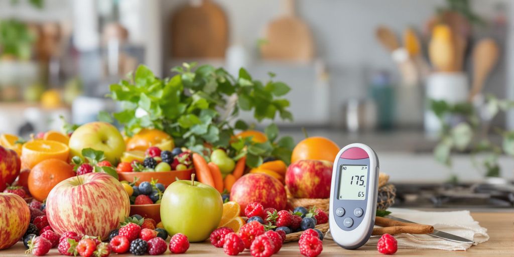Colorful fruits and a glucose meter on a countertop.